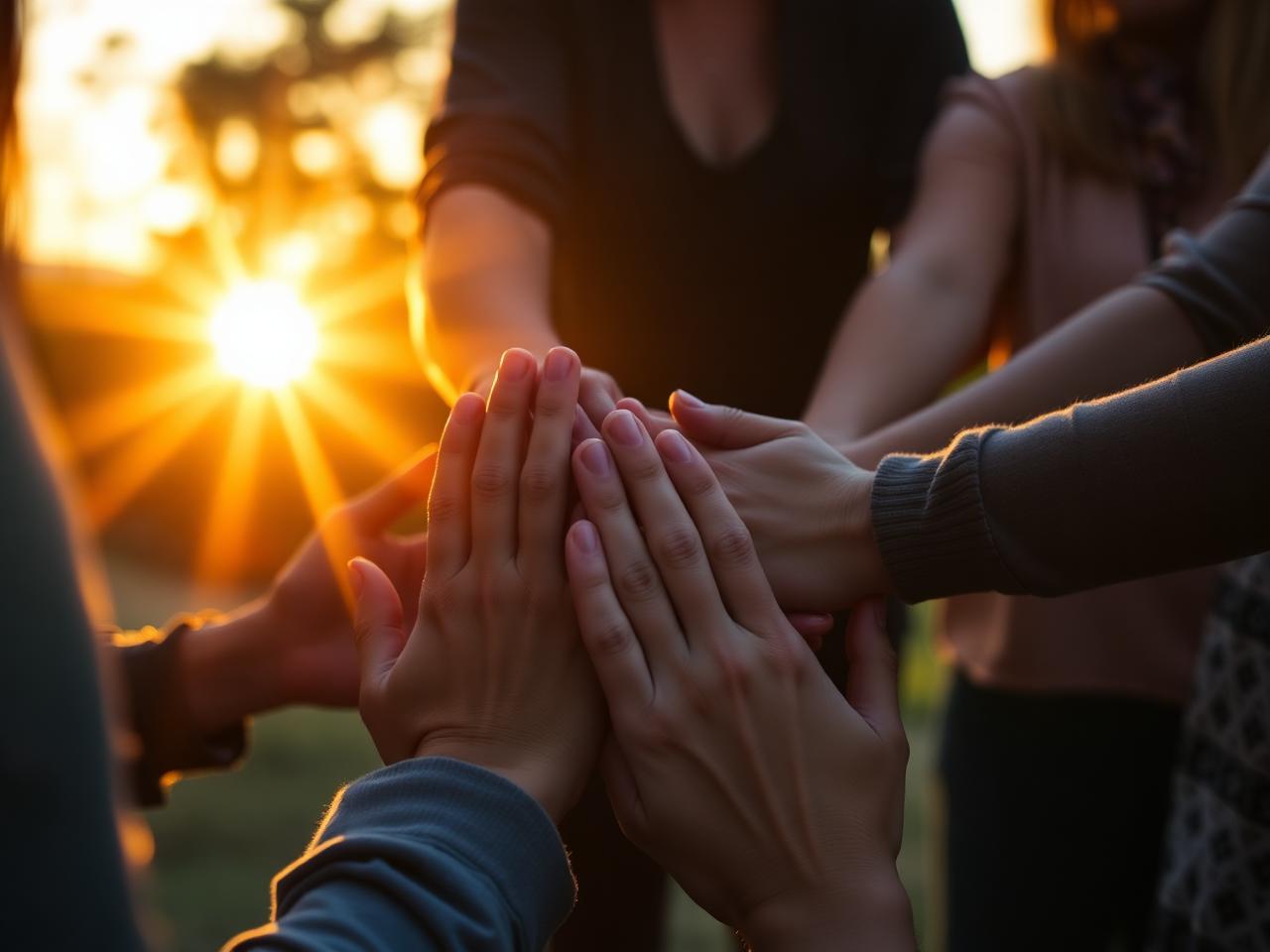 Hands together in a support circle at sunset